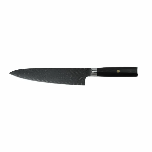 Damascus steel chef knife with ebony handle isolated on white background KL-KN-HC-001