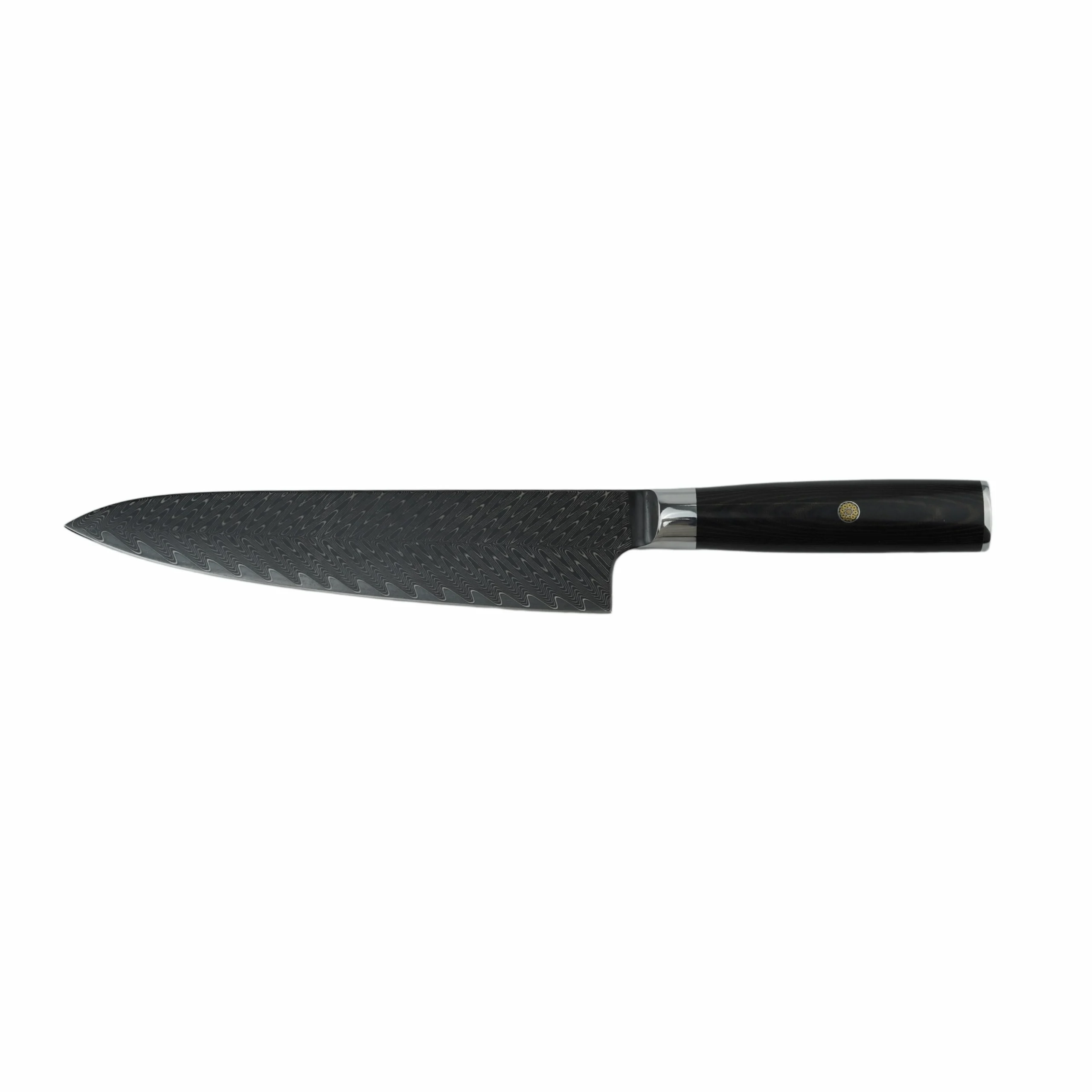 Damascus Steel Chef Knife - Front View | KaiLionCrafts Damascus steel chef knife with ebony handle isolated on white background KL-KN-HC-001