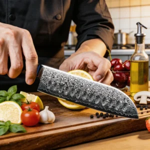 Damascus steel chef knife slicing lemon on cutting board in kitchen environment. SKU: KK-DS-006