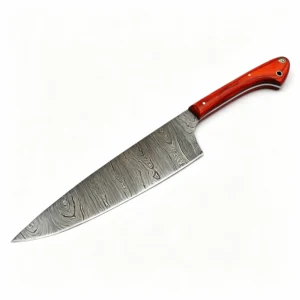 Damascus steel chef knife with red pakkawood handle isolated on white background KL-KK-DS-002