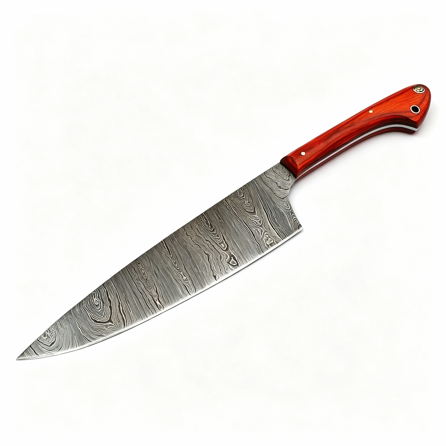 Damascus steel chef knife with red pakkawood handle isolated on white background KL-KK-DS-002