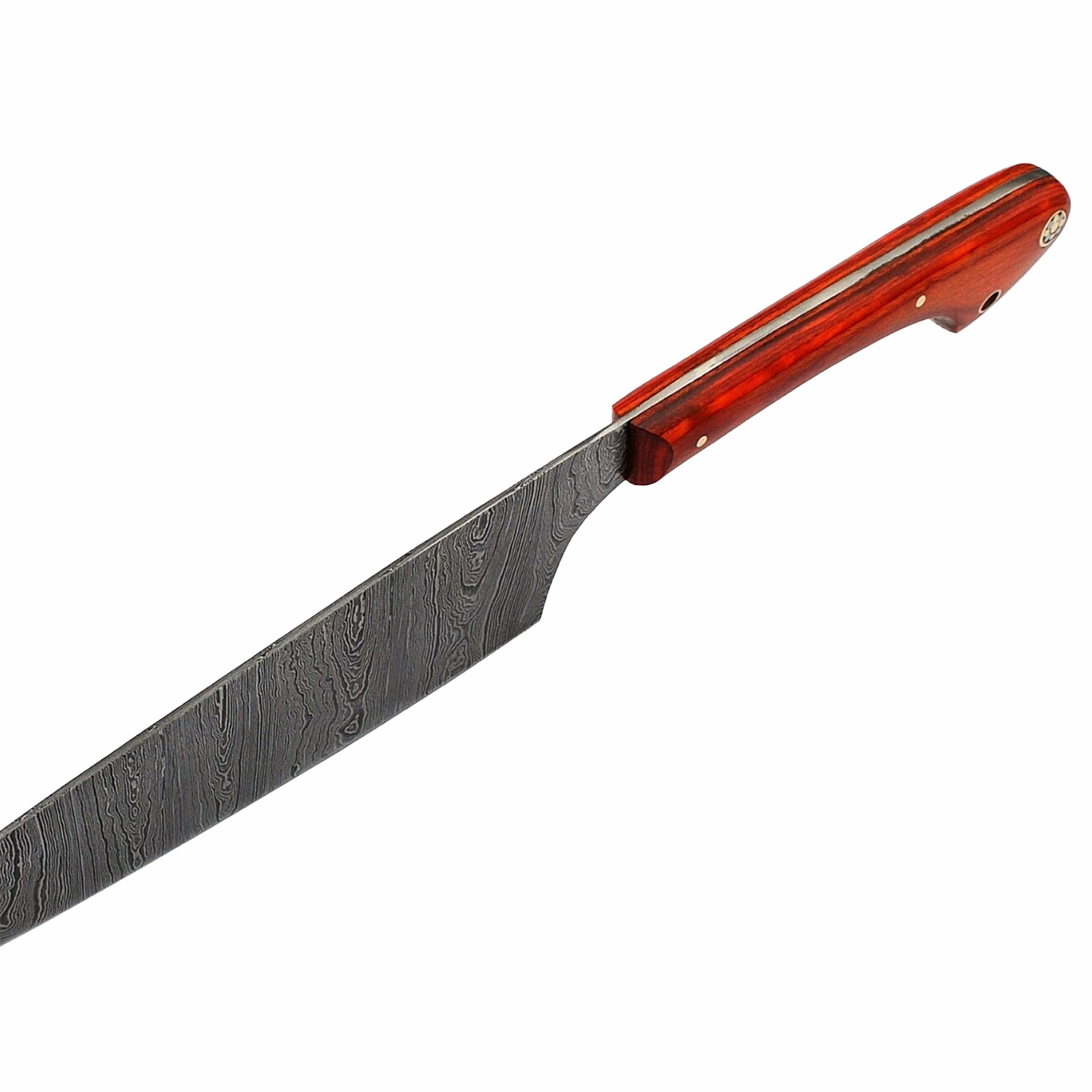 Damascus steel chef knife with red pakkawood handle shown at a 45 degree angle isolated on white background KL-KK-DS-002