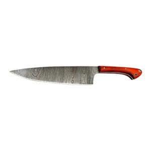 Damascus steel chef knife with red pakkawood handle isolated on white background KL-KK-DS-002