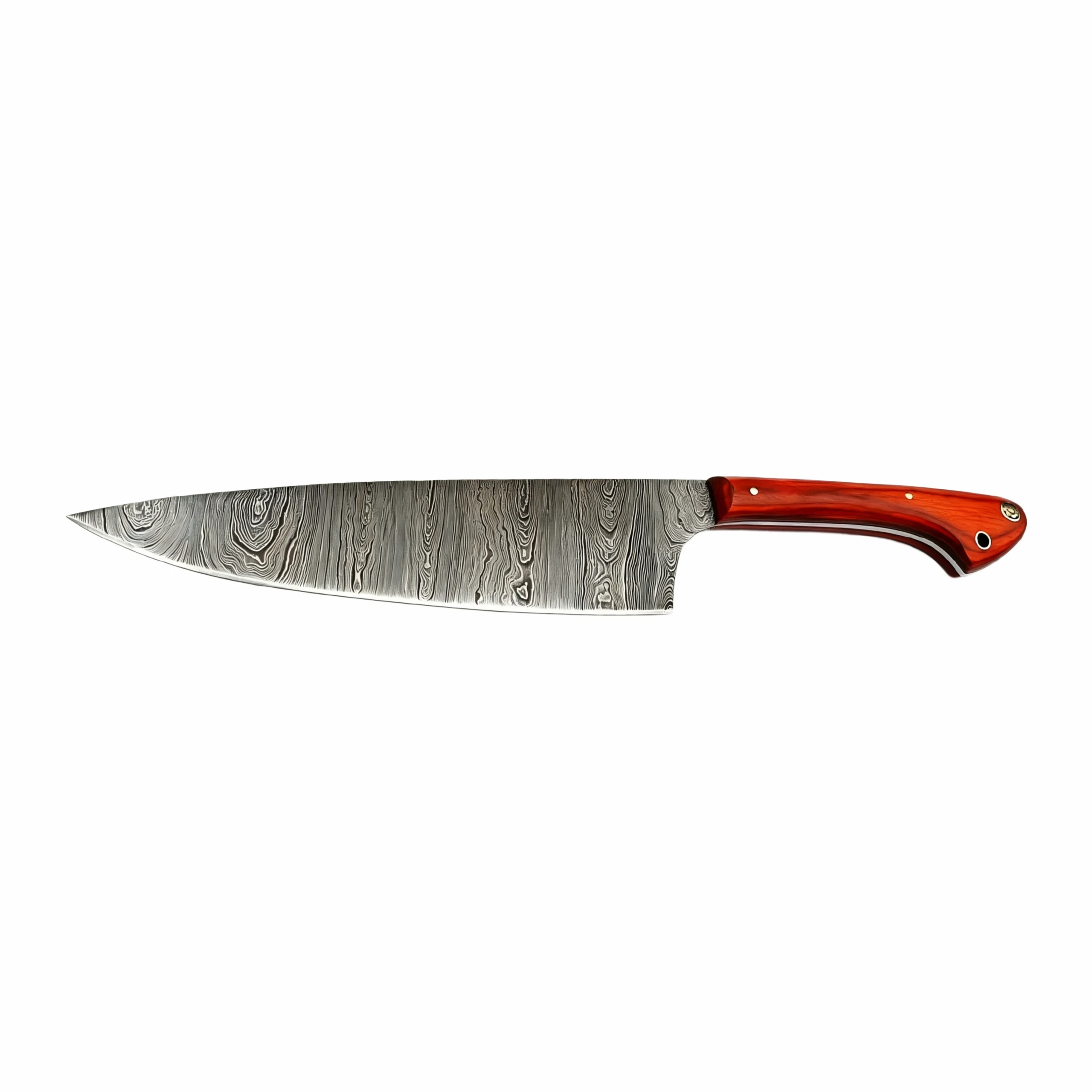 Damascus steel chef knife with red pakkawood handle isolated on white background KL-KK-DS-002