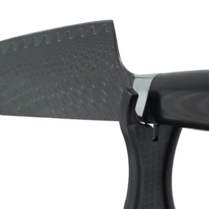Damascus Steel Chef Knife - With Accessories | KaiLionCrafts Damascus steel chef knife on a black display stand isolated on white background KL-KN-HC-001