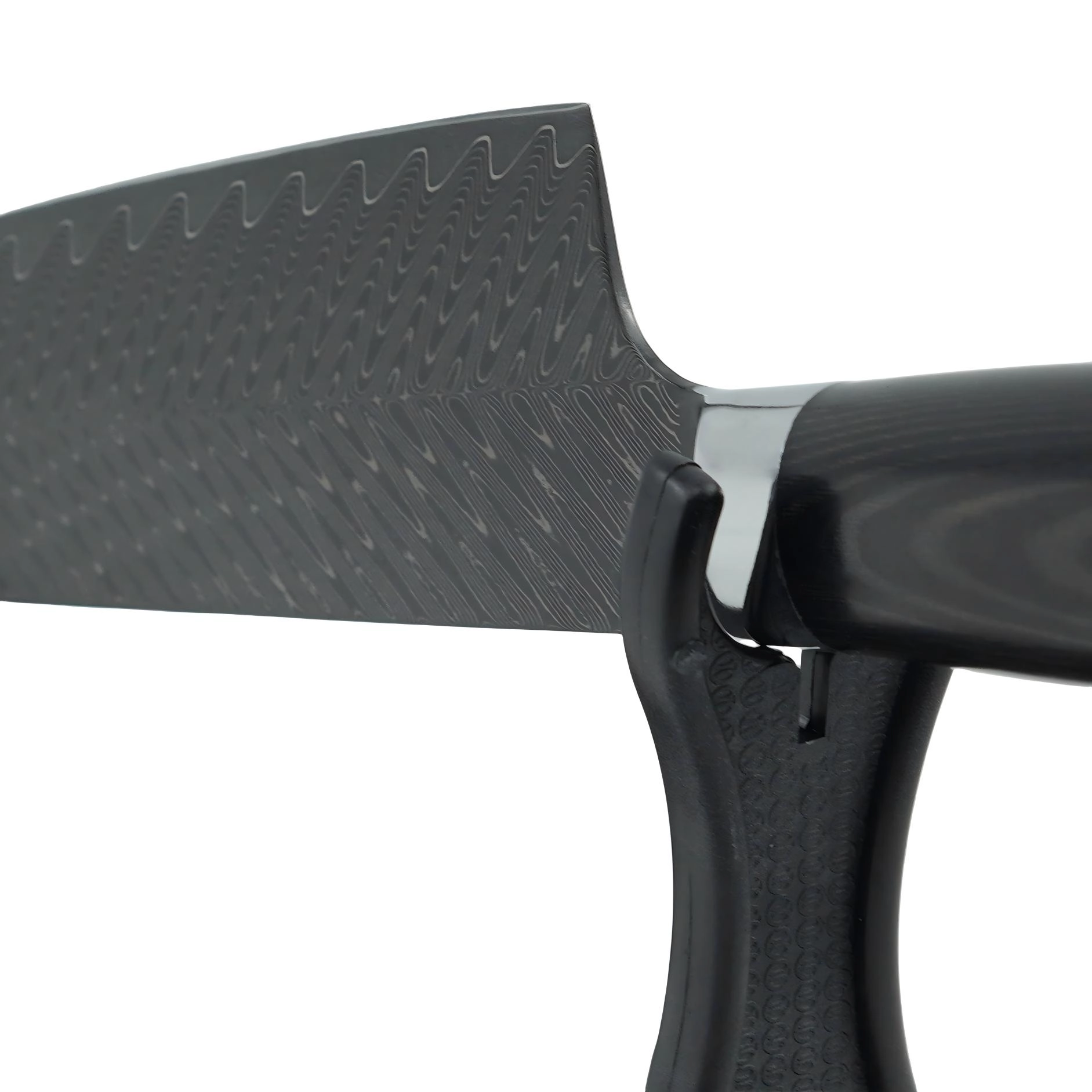 Damascus Steel Chef Knife - With Accessories | KaiLionCrafts Damascus steel chef knife on a black display stand isolated on white background KL-KN-HC-001