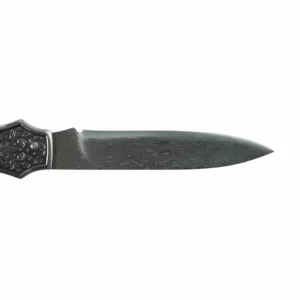Close-up view of an authentic wavy Damascus steel blade with engraved stainless steel bolster isolated on white background. SKU: KL-OD-SS-007.