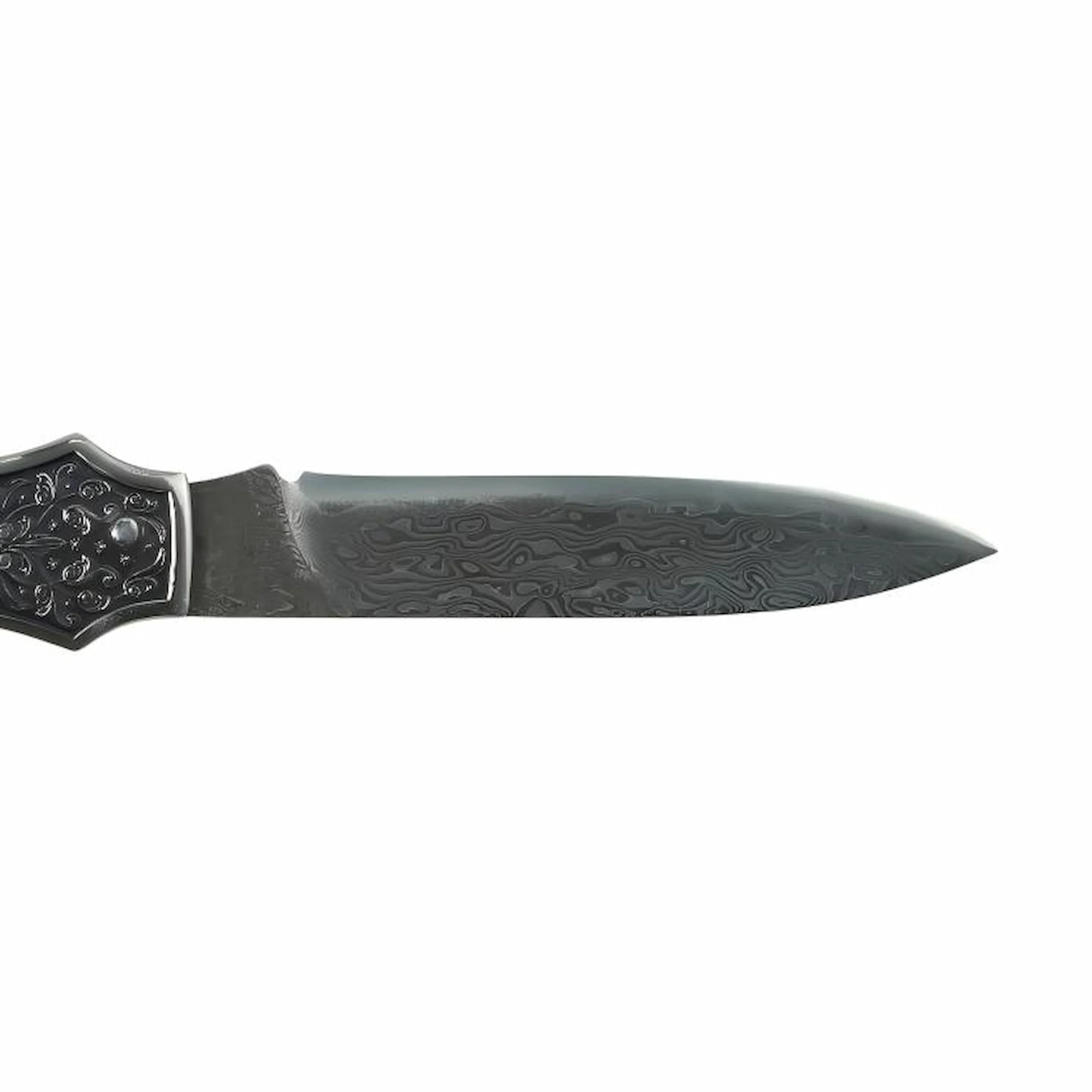 Close-up view of an authentic wavy Damascus steel blade with engraved stainless steel bolster isolated on white background. SKU: KL-OD-SS-007.