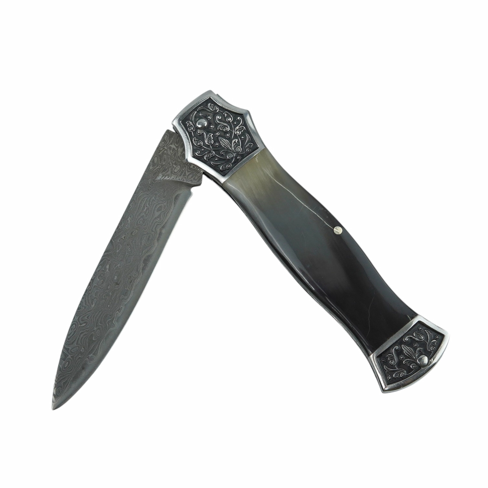 Damascus steel folding knife with engraved bolsters and natural horn handle half-open isolated on white background. SKU: KL-OD-SS-007.