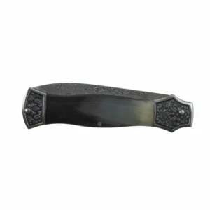 Damascus steel folding knife with engraved bolsters and natural horn handle in folded view isolated on white background. SKU: KL-OD-SS-007.