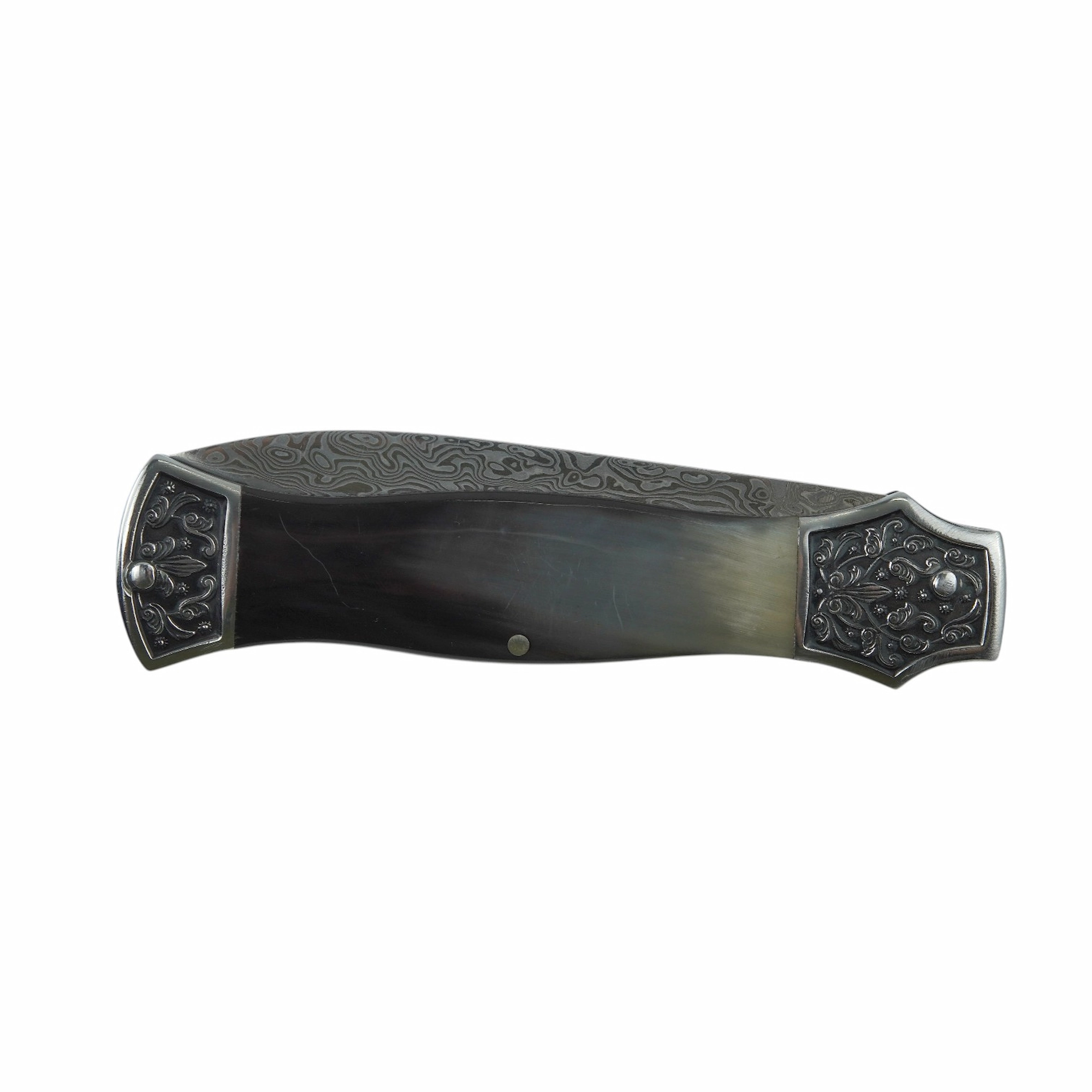 Damascus steel folding knife with engraved bolsters and natural horn handle in folded view isolated on white background. SKU: KL-OD-SS-007.