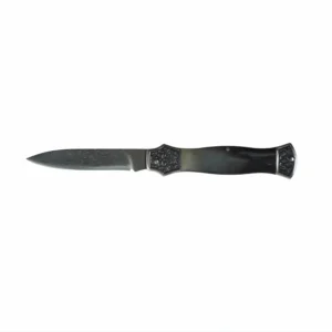 Damascus steel folding knife with hand engraved bolsters and natural horn handle scales isolated on white background. SKU: KL-OD-SS-007.