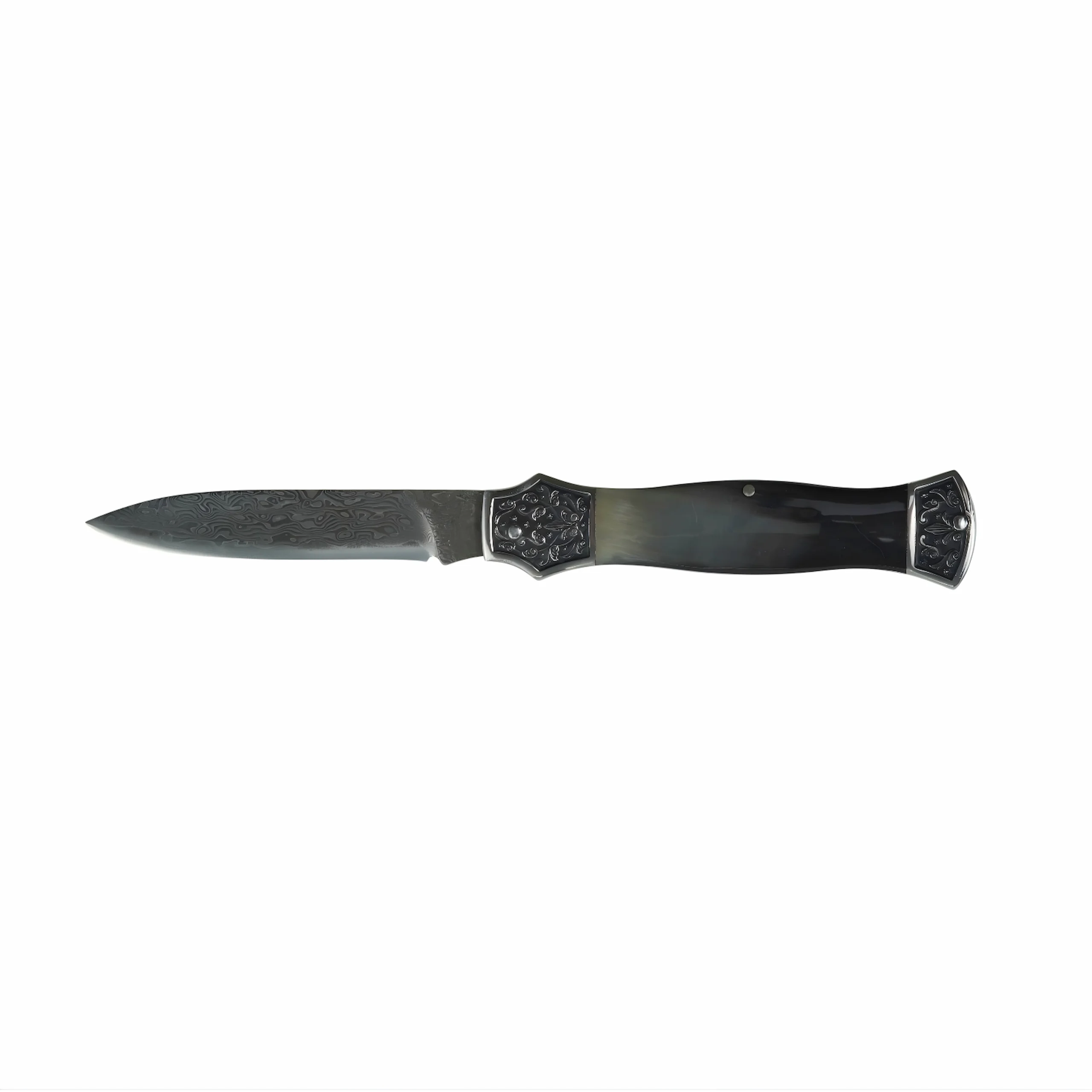Damascus steel folding knife with hand engraved bolsters and natural horn handle scales isolated on white background. SKU: KL-OD-SS-007.