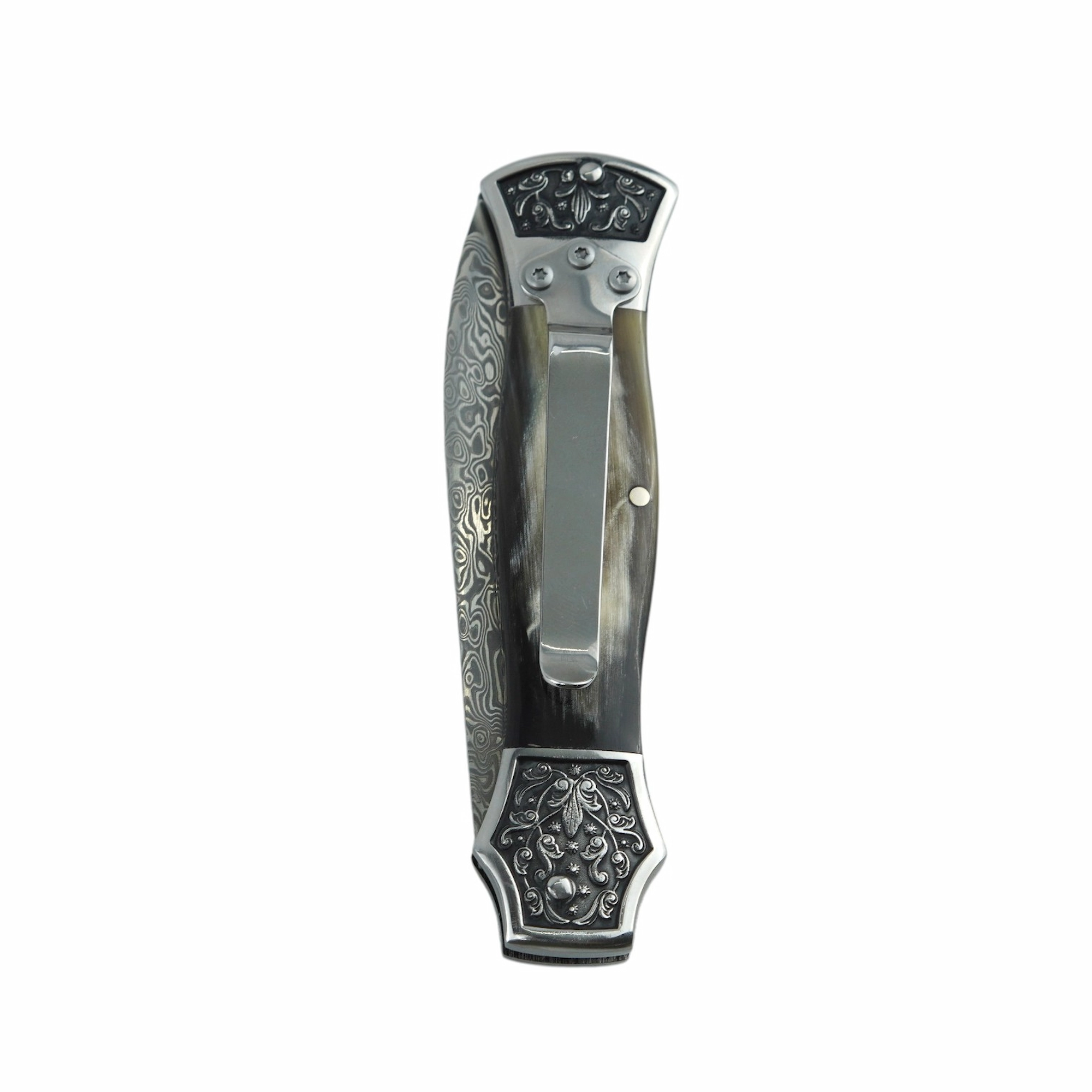 Damascus steel folding knife back view with pocket clip and horn handle isolated on white background. SKU: KL-OD-SS-007.