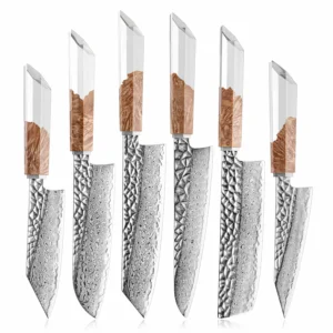 6-piece Damascus steel kitchen knife set with burl wood resin handles isolated on white background. SKU: KL-KK-DS-004