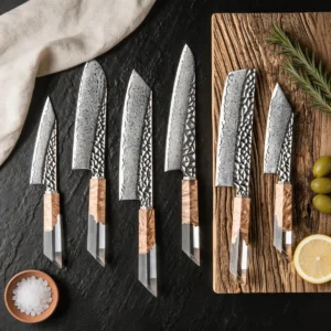 6-piece Damascus steel kitchen knife set with clear resin burl wood handles on workbench setting. SKU: KL-KK-DS-004