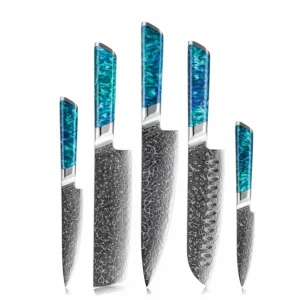 5-piece Damascus steel kitchen knife set with blue green resin handles isolated on white background. SKU: KL-KA-DS-003