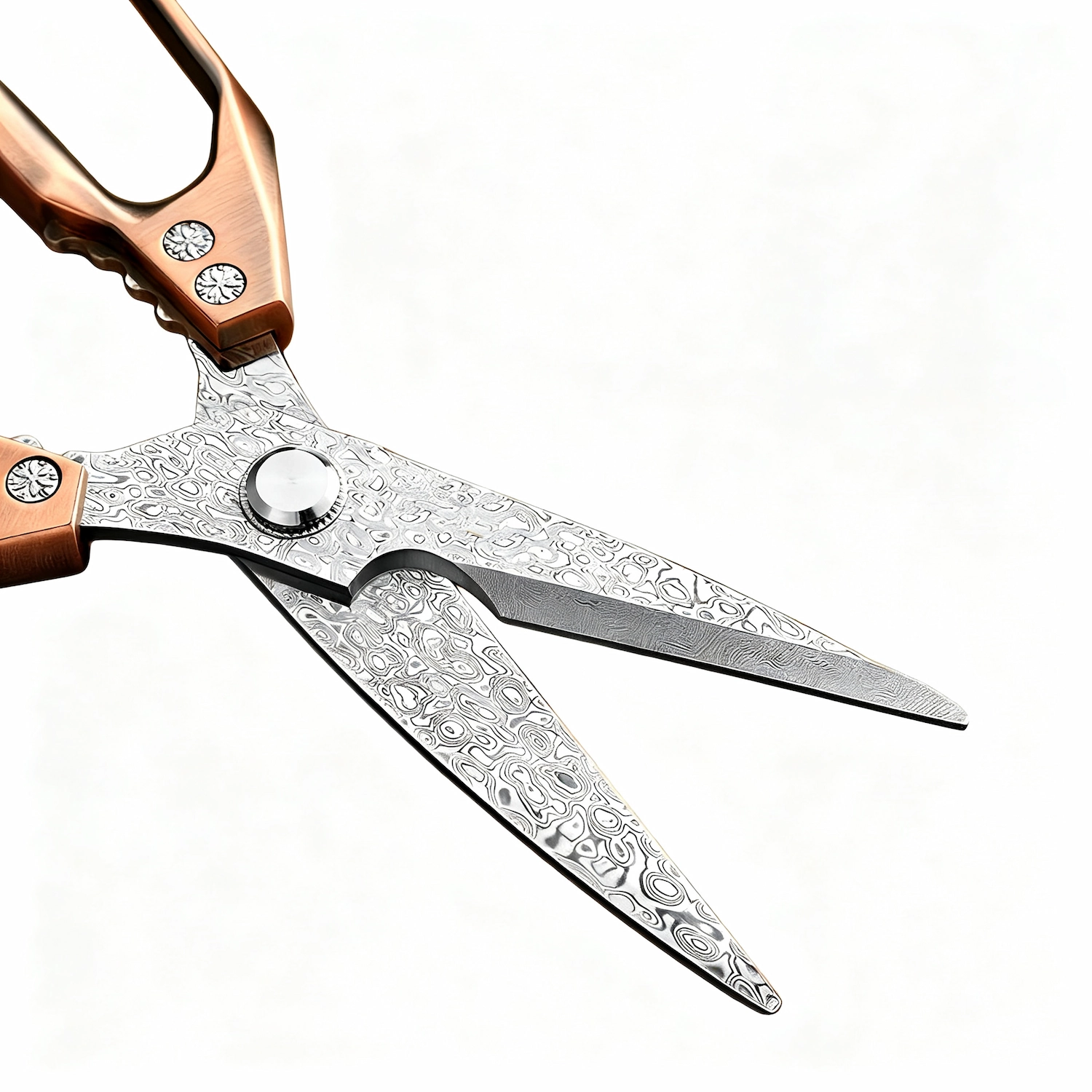 Close-up of semi-opened Damascus stainless steel kitchen shears blades with rose gold handles isolated on white background KL-SC-KT-001