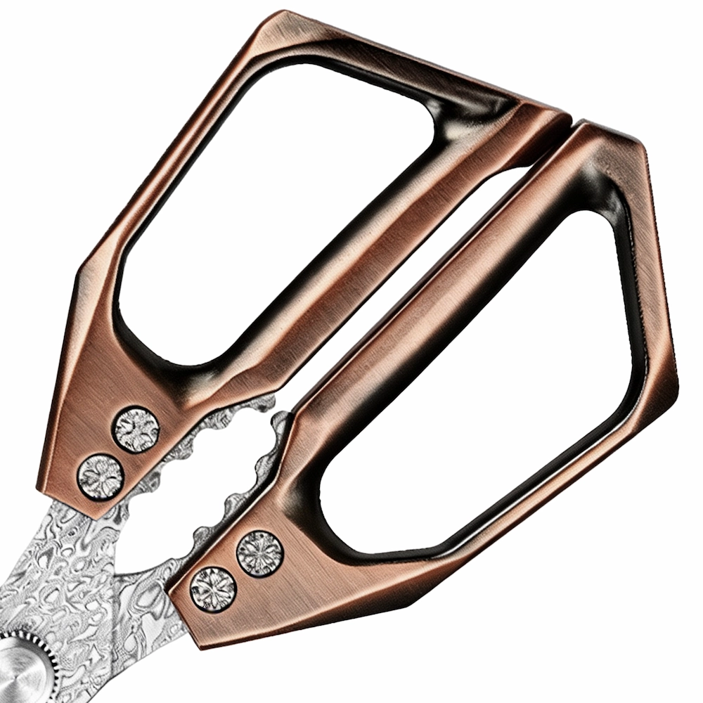 Close-up of rose gold zinc alloy ergonomic handles with crystal rivets on Damascus kitchen shears isolated on white background KL-SC-KT-001