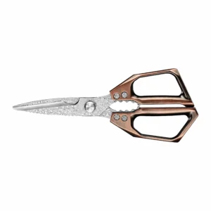 Damascus steel kitchen shears with rose gold copper alloy handle and crystal rivets isolated on white background KL-SC-KT-001