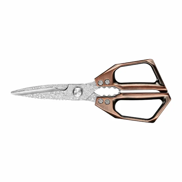 Damascus steel kitchen shears with rose gold copper alloy handle and crystal rivets isolated on white background KL-SC-KT-001