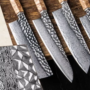 Detailed close-up of Damascus steel kitchen knife blades with a hammered textured finish on workbench setting. SKU: KL-KK-DS-004