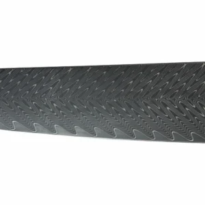 Damascus Steel Chef Knife - Blade Pattern Detail | KaiLionCrafts Extreme close-up of Damascus steel wavy pattern on chef knife blade isolated on white background KL-KN-HC-001