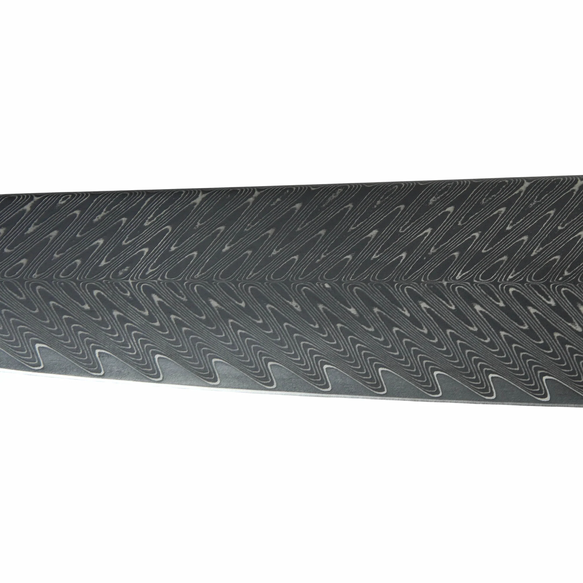 Damascus Steel Chef Knife - Blade Pattern Detail | KaiLionCrafts Extreme close-up of Damascus steel wavy pattern on chef knife blade isolated on white background KL-KN-HC-001