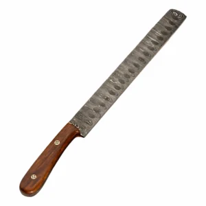 Damascus steel slicing knife with rosewood handle in 45 degree view isolated on white background KL-KK-DS-001