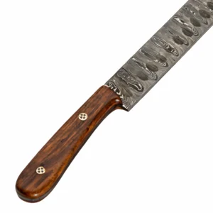 Rosewood handle with brass mosaic pins on Damascus slicing knife isolated on white background KL-KK-DS-001