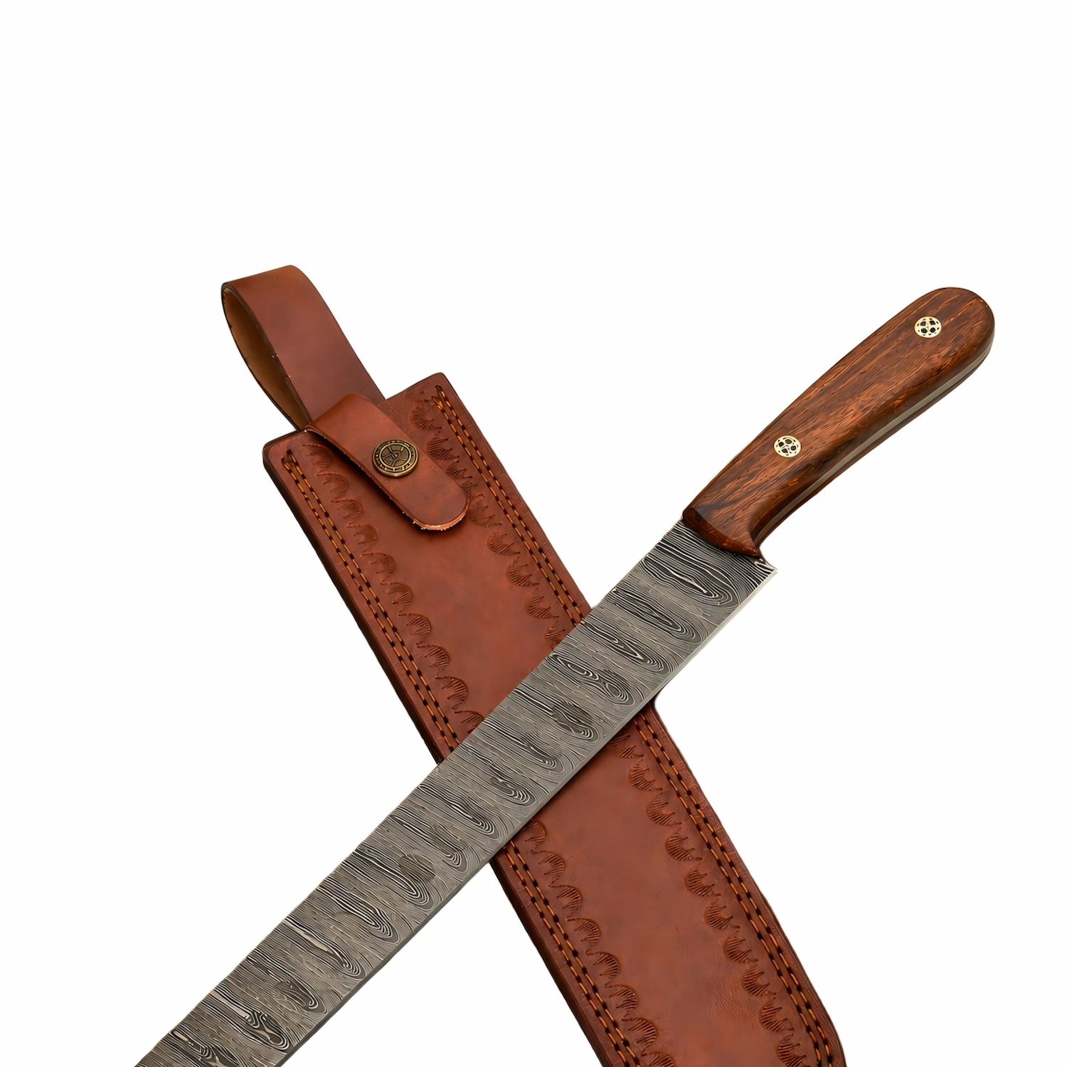Damascus steel slicing knife with rosewood handle and leather sheath isolated on white background KL-KK-DS-001