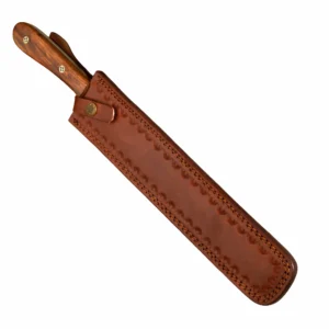 Damascus slicing knife fully sheathed in handcrafted brown leather cover isolated on white background KL-KK-DS-001