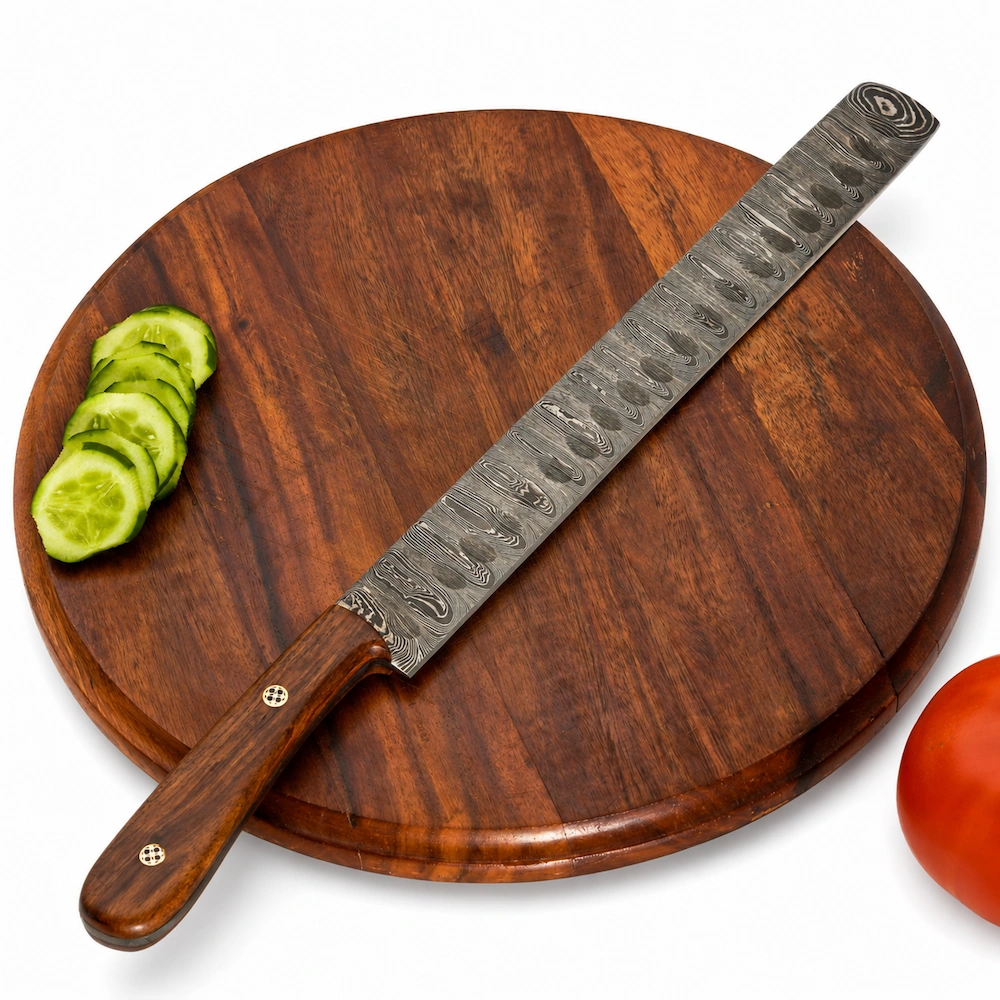 Damascus steel slicing knife with rosewood handle displayed on wooden tabletop with cucumber slices KL-KK-DS-001