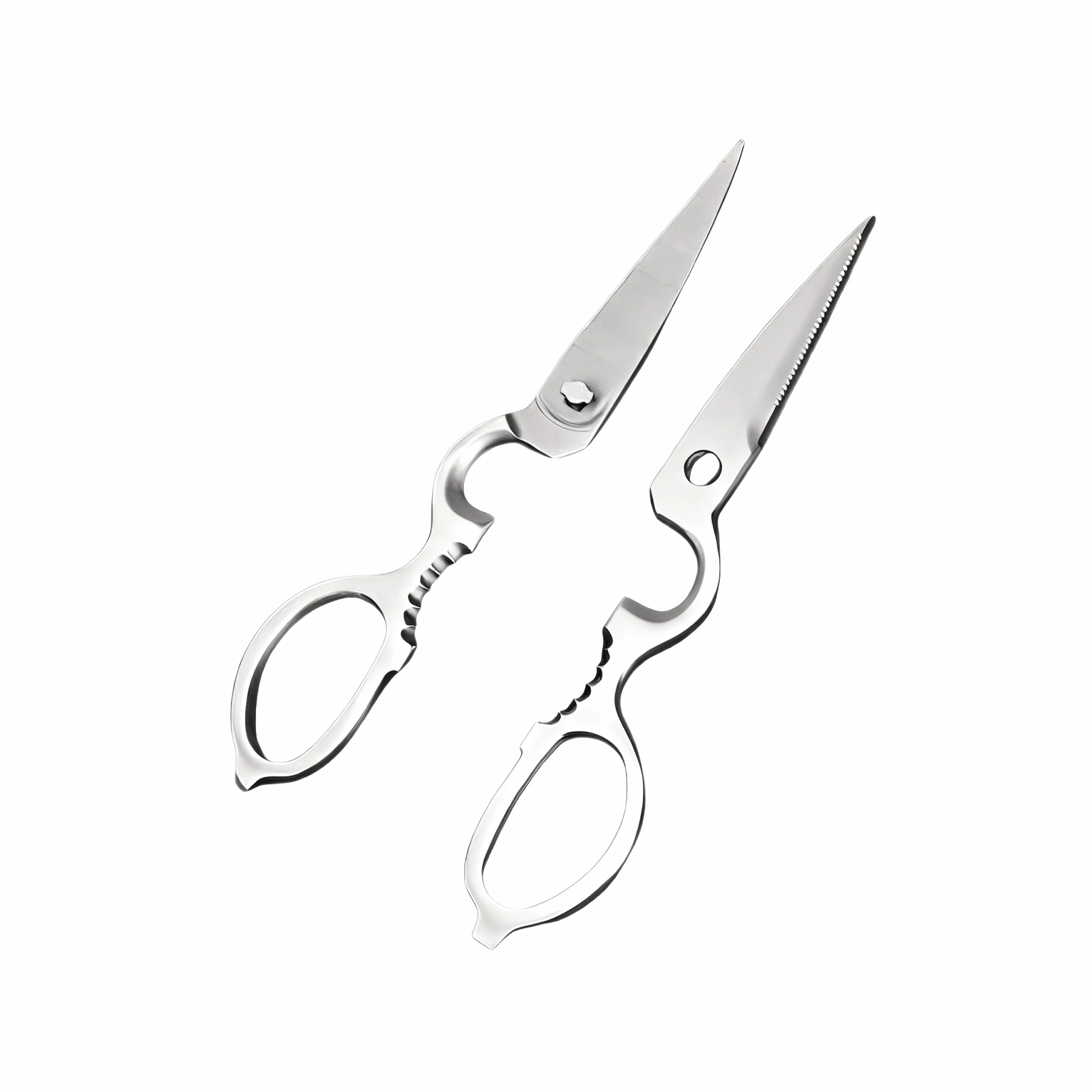 Detachable stainless steel kitchen scissors in two separated pieces isolated on white background KL-SC-PR-008