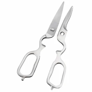 Detachable stainless steel kitchen shears separated into two parts on white background, KL-SC-PR-012.
