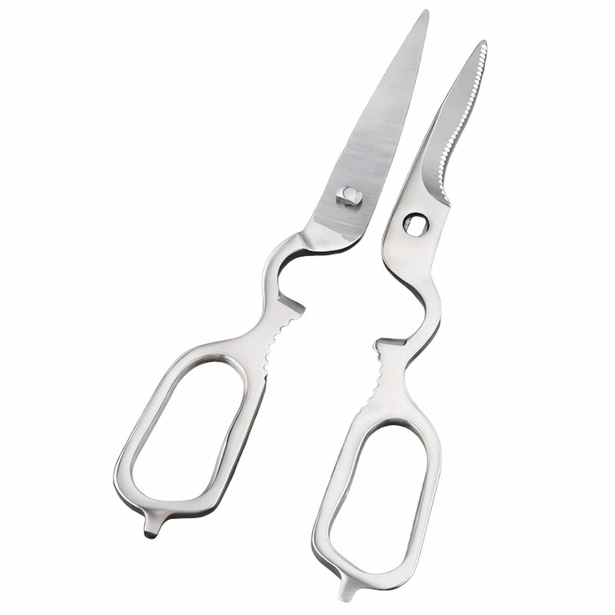 Detachable stainless steel kitchen shears separated into two parts on white background, KL-SC-PR-012.