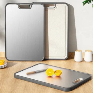 Dual-surface stainless steel and wheat straw fiber cutting board in kitchen environment KL-KA-CB-002