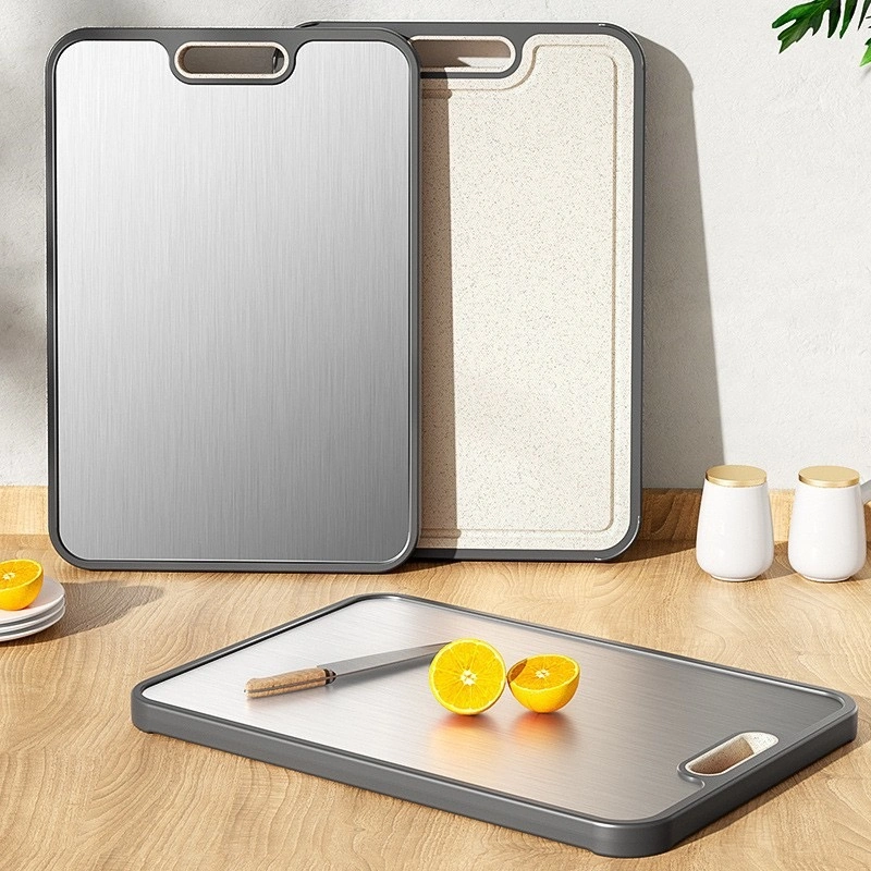 Dual-surface stainless steel and wheat straw fiber cutting board in kitchen environment KL-KA-CB-002