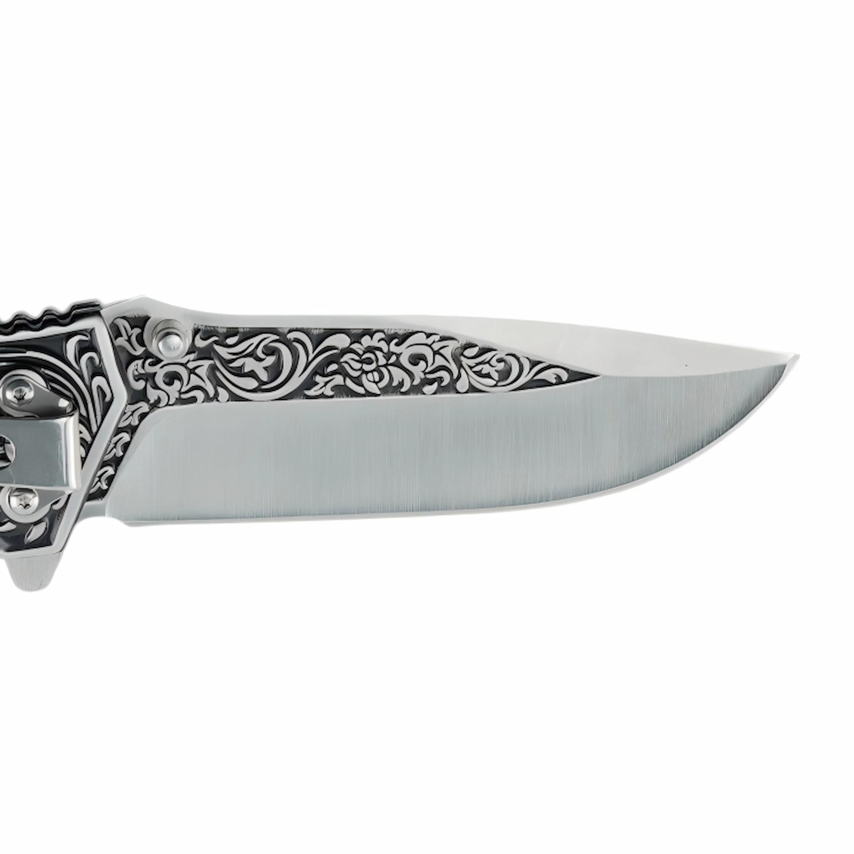Engraved Folding Pocket Knife - Detailed Blade Engraving Showcase | KaiLionCrafts Close-up of the intricate floral scroll engraving on a stainless steel folding knife blade, isolated on white background. KL-OD-SS-018