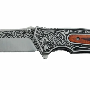Engraved Folding Pocket Knife - Detailed Ornate Bolster Showcase | KaiLionCrafts Close-up of the blackened relief floral scroll engraving on a folding knife bolster, isolated on white background. KL-OD-SS-018