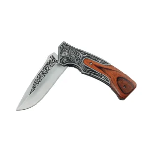 Engraved Folding Pocket Knife - Partially Open Mechanism View | KaiLionCrafts Half-open engraved folding pocket knife with rosewood handle inlay, isolated on white background. KL-OD-SS-018