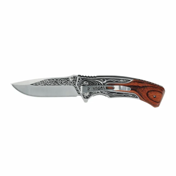 Profile view of ornate engraved folding pocket knife with rosewood inlay and pocket clip, isolated on white background. KL-OD-SS-018