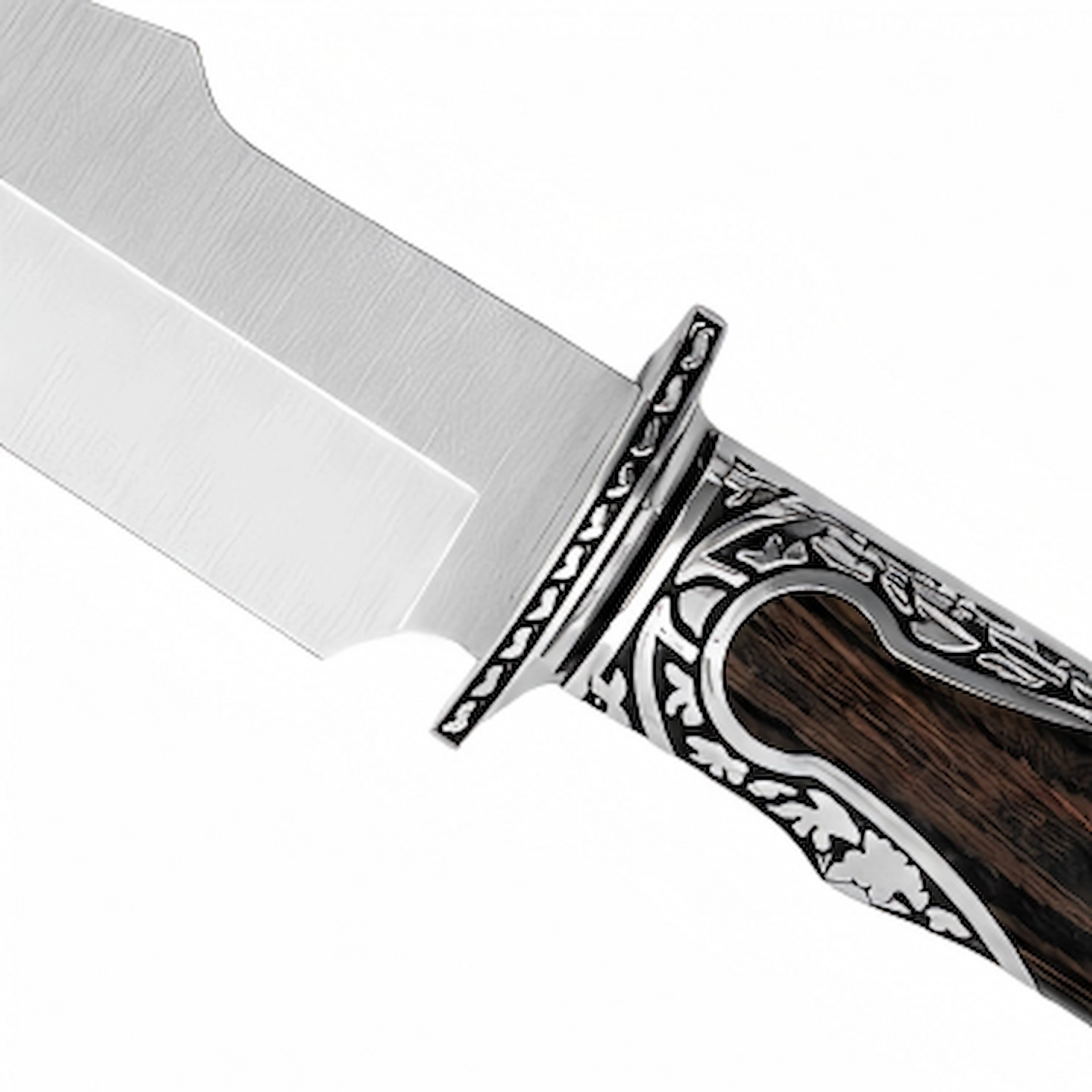 45 degree close up view of hunting knife engraved guard and rosewood handle on white background KL-OD-HC-002