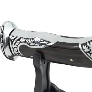 Engraved hunting knife handle displayed on black stand isolated on white background KL-OD-HC-002