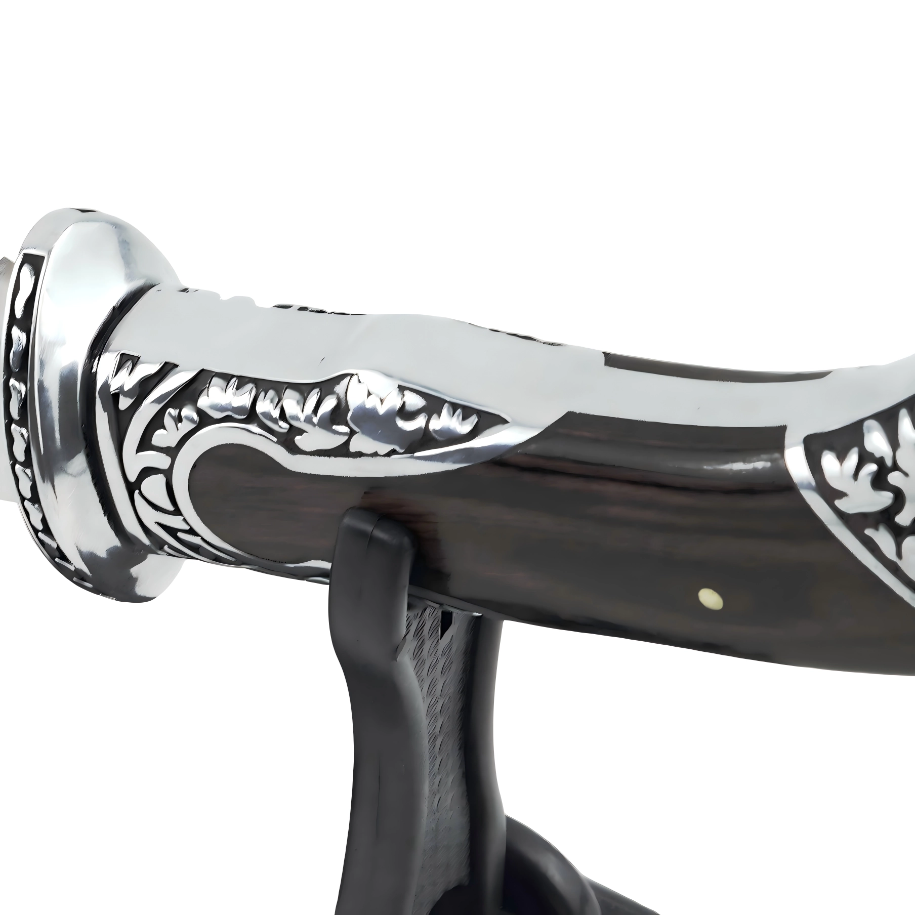 Engraved hunting knife handle displayed on black stand isolated on white background KL-OD-HC-002