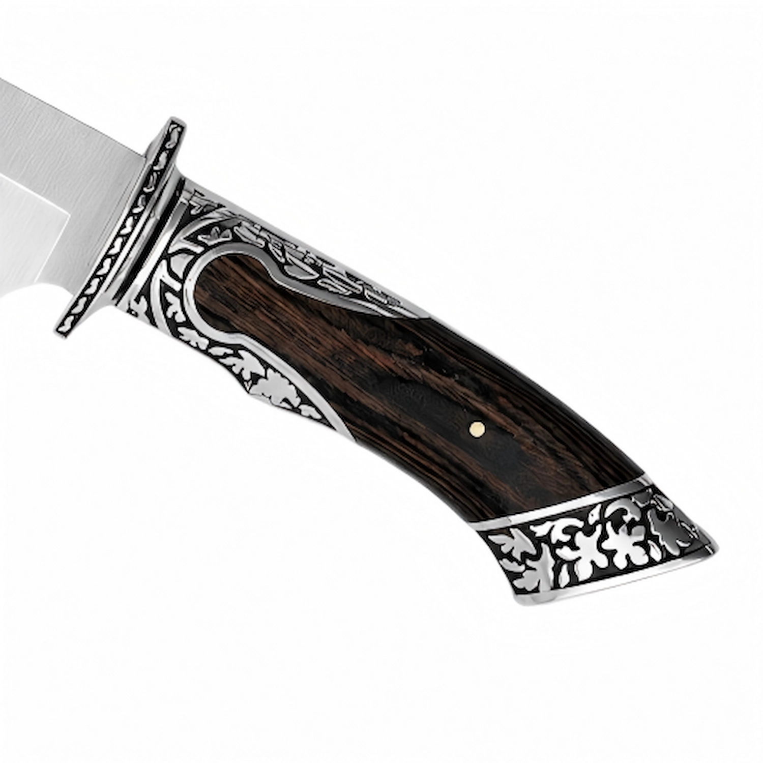 Ornate engraved metal bolster and rosewood handle close up view isolated on white background KL-OD-HC-002