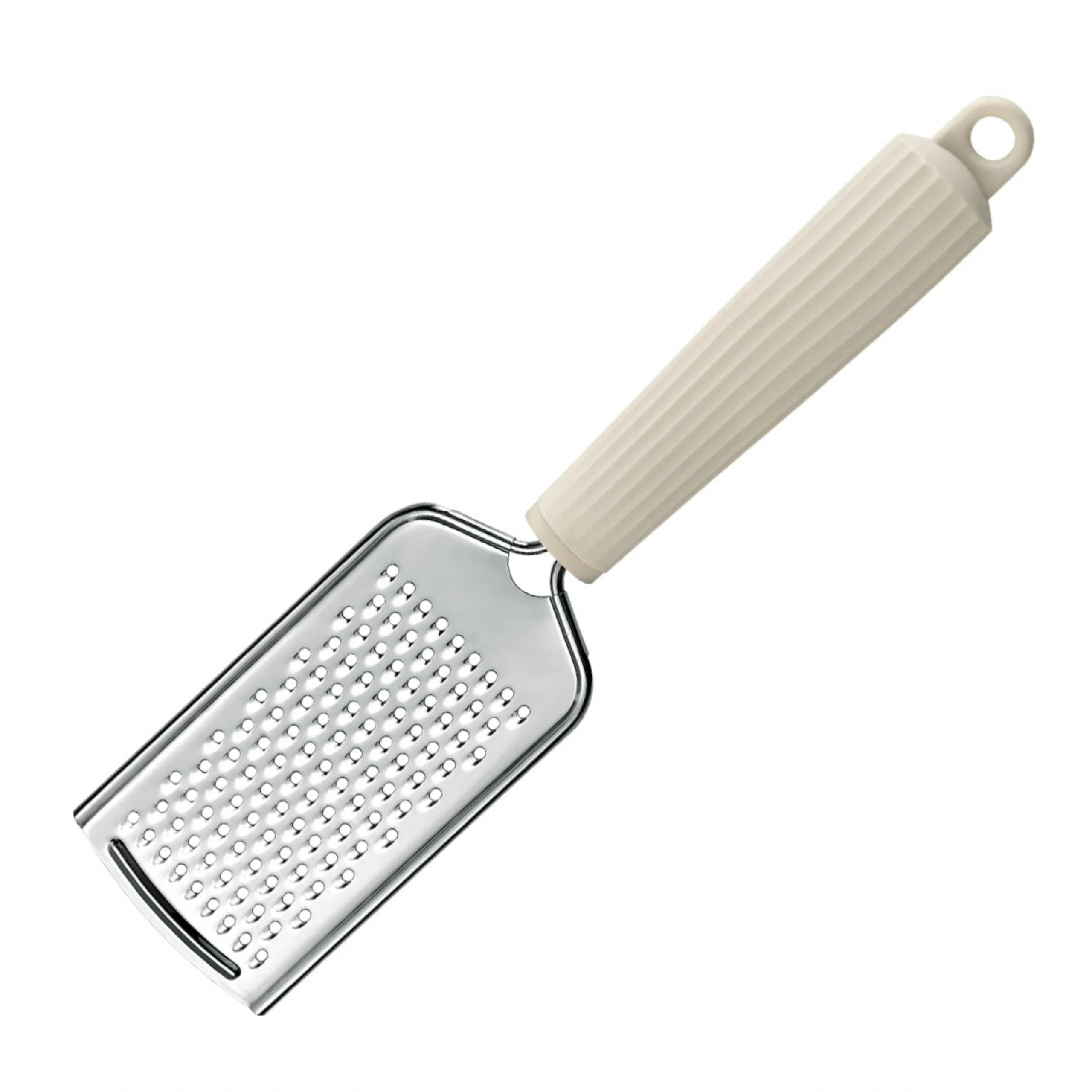 Fine stainless steel cheese zester grater with cream ribbed plastic handle isolated on white background KL-KA-GR-004