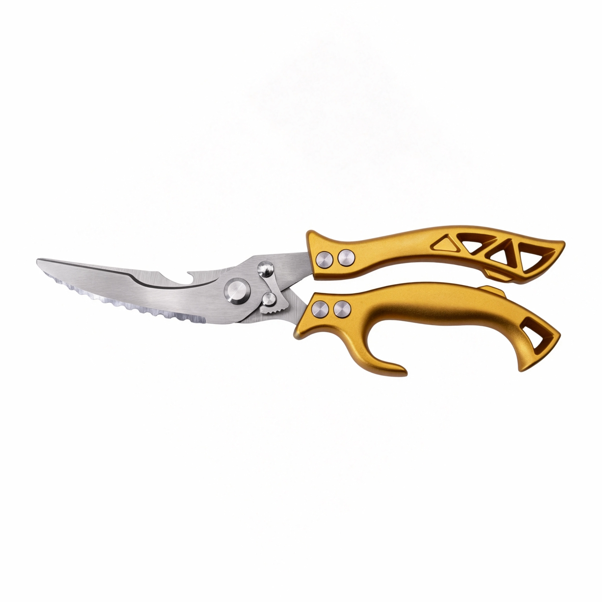 Multi-function fishing scissors with serrated stainless steel blades isolated on white background KL-SC-SS-011