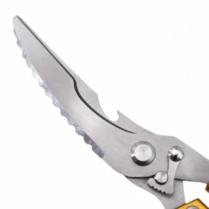 Close-up of closed serrated stainless steel blades on fishing scissors isolated on white background KL-SC-SS-011
