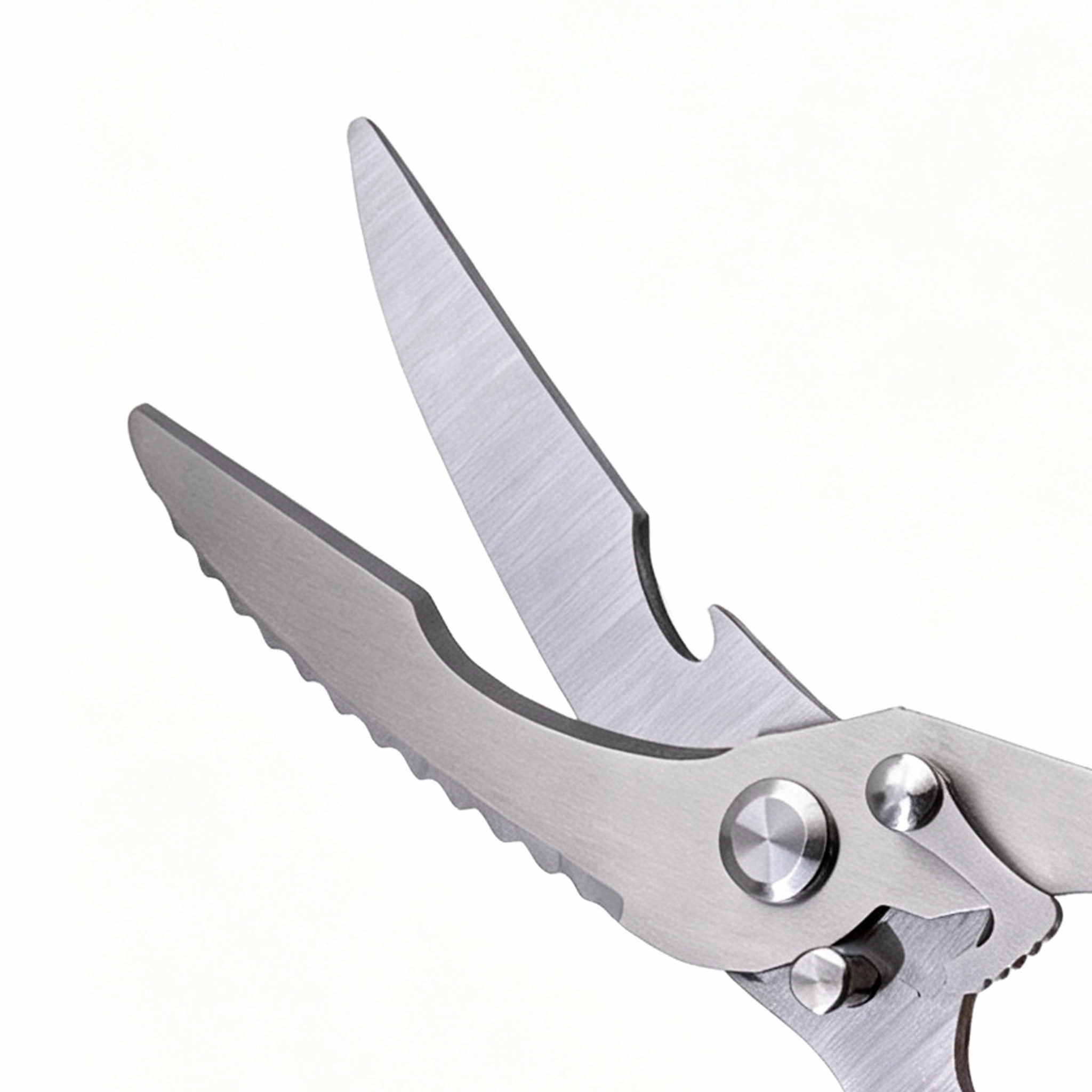 Close-up of serrated stainless steel fishing scissors blades isolated on white background KL-SC-SS-011